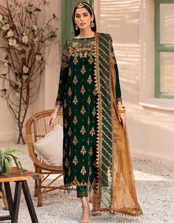 Emaan Adeel Bottle Green Velvet Suit A Perfect Blend of Embroidery Elegance