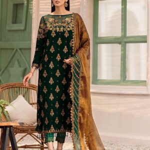 Emaan Adeel Bottle Green Velvet Suit A Perfect Blend of Embroidery Elegance