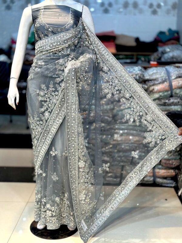 New Arrival Original Indian Net Saree with Elegant Handwork Embroidery