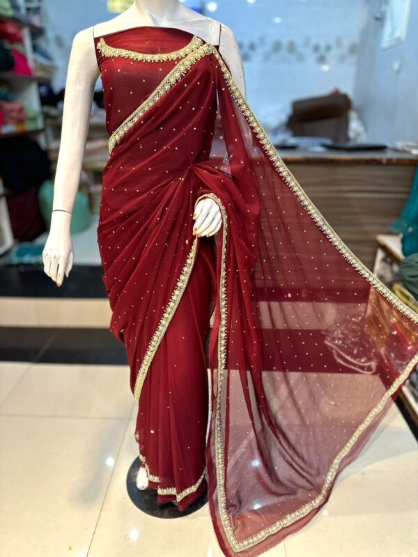 Timeless Elegance Fully Handmade Chiffon Saree with Original Stones