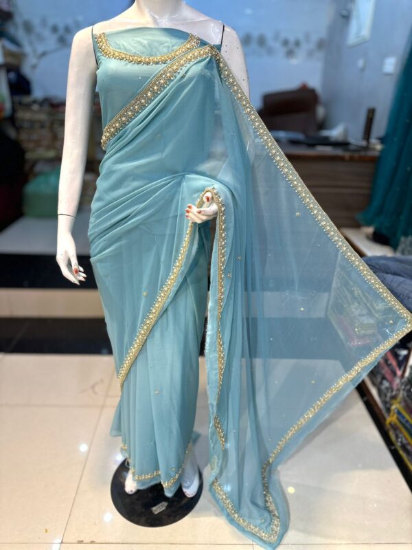 Timeless Elegance Fully Handmade Chiffon Saree with Original Stones