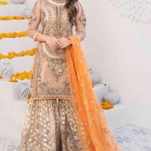 Khuda Buksh Wedding Festival Collection Embroidered Maysoori Shirt with Net Dupatta Lehnga